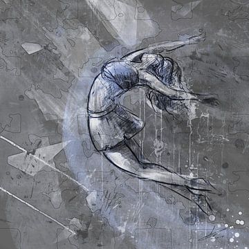 Tomber et se relever - danse moderne - œuvre d'art en gris et bleu sur Emiel de Lange