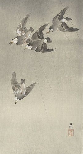 Des étourneaux sous la pluie d'Ohara Koson