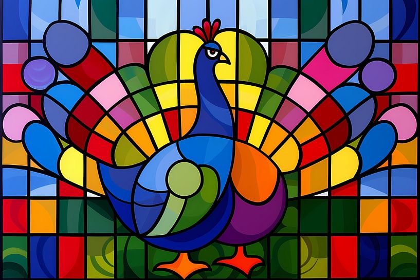 Kleurrijk abstract pauwen schilderij op glas van Art & Soul Creations