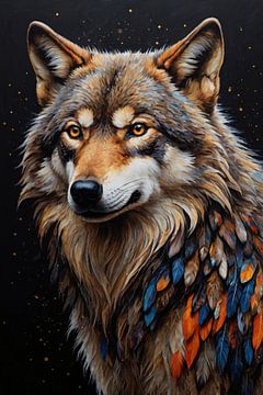 Intense Wolf Gaze with Feathered Fur by De Muurdecoratie