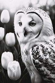 White Owl and Tulips in Monochrome by Art & Soul Creations