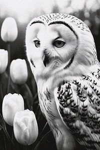 White Owl and Tulips in Monochrome van De Muurdecoratie