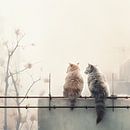 Twee katten op een muurtje in de herfstige mist van Karina Brouwer thumbnail