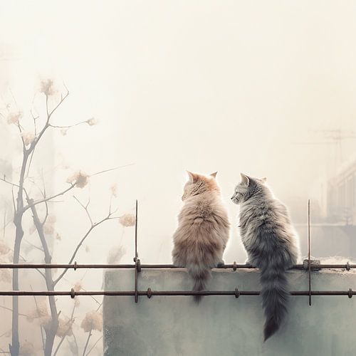 Two cats on a wall in the autumn fog
