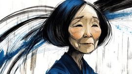 Thoughtful woman in a blue kimono by Frank Heinz