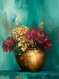 Atmospheric Japanese Still Life of Hydrangea's in gold pot by Studio Pieternel
