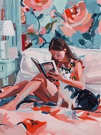 Mädchen mit einem Buch und ihrer Katze auf dem Bett von Studio Allee