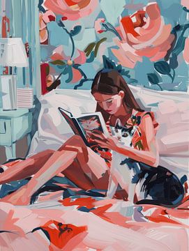 Meisje met een boek en haar kat op bed van Studio Allee