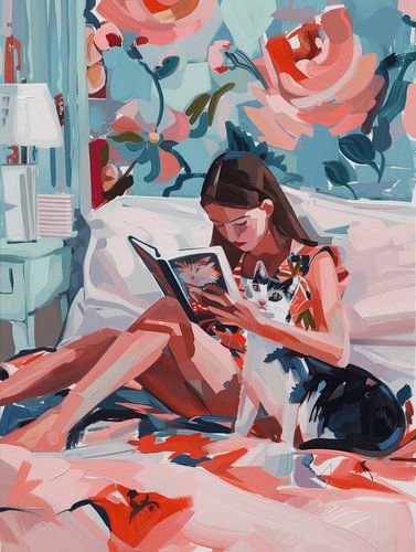 Mädchen mit einem Buch und ihrer Katze auf dem Bett