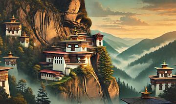 Vintage Bhutan, Mountain Monasteries Poster by Chromatic Fusion Studio