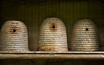 Oude bijenkorven van stro in landelijke sfeer