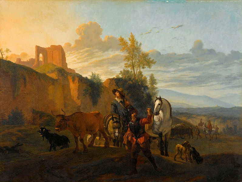 Italienische Landschaft mit Soldaten, Karel du Jardin (Kopie nach) von Meisterhafte Meister
