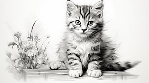 süße junge Katzenzeichnung, Katzen Bleistiftzeichnung im Vintage-Stil.