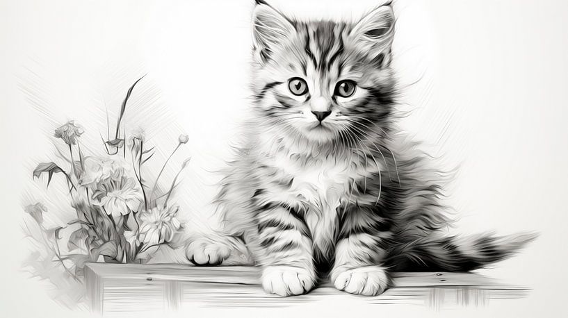 süße junge Katzenzeichnung, Katzen Bleistiftzeichnung im Vintage-Stil. von Animaflora PicsStock