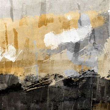 Modern abstract expressionistisch schilderij in pastelkleuren geel, grijs en zwart van Dina Dankers