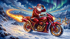 Le Père Noël sur sa moto « Aurores boréales » sur AidasignArt