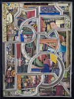 Collage in kleur - abstract en kleurrijke afbeeldingen uit middeleeuws boek