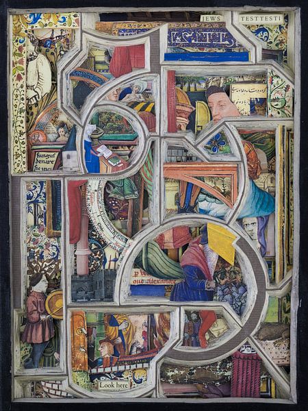 Collage in kleur - abstract en kleurrijke afbeeldingen uit middeleeuws boek