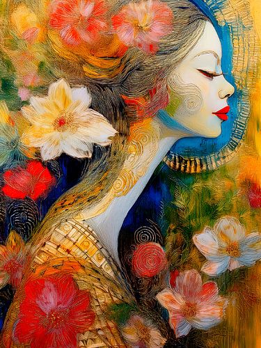 Modernes Porträt einer Frau mit Blumen