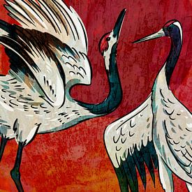 Japan cranes vintage at sunset by Mad Dog Art