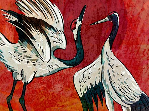 Japanse kraanvogels vintage bij zonsondergang