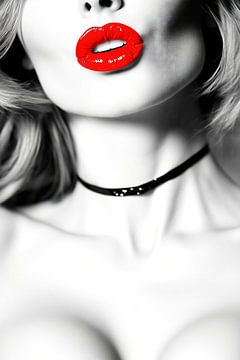 Vrouw met rode lippenstift en zwarte choker van Frank Heinz