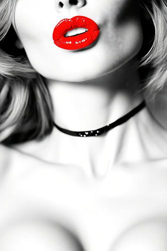 Vrouw met rode lippenstift en zwarte choker