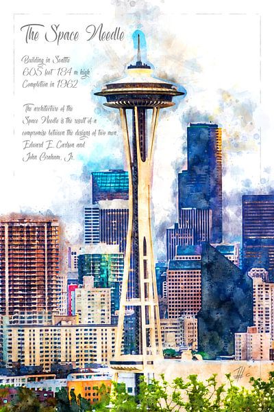 Space Needle, aquarelle, Seattle par Theodor Decker