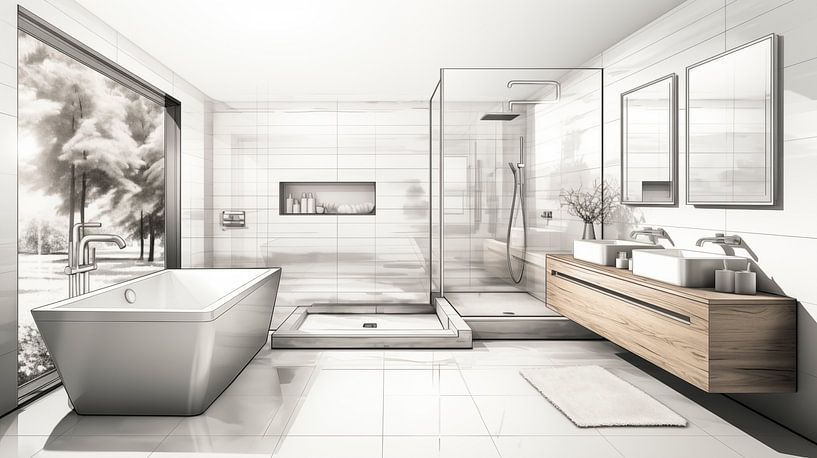 Planen Sie ein Badezimmer mit einer Badewannen- und Dusche Zeichnung, einer Badezimmer-Bleistiftzeichnung im Vintage-Stil. von Animaflora PicsStock
