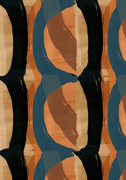 Retropatroon in blauw, zwart, oranje en bruin op linnen. van Dina Dankers