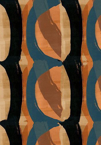 Retropatroon in blauw, zwart, oranje en bruin op linnen.