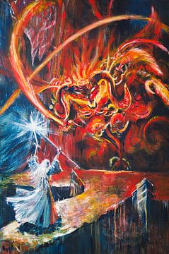 Lord of the Rings Gandalf | Schilderij in rood en blauw van Anja Namink - Schilderijen