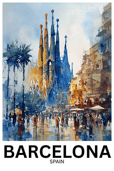 Kathedraal van zonovergoten dromen | Barcelona, Spanje – Aquarelwandkunst met monument