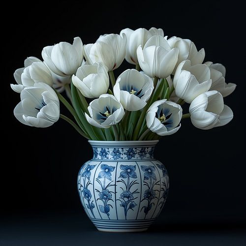 Blauwe tulpen in delfts blauw vaas