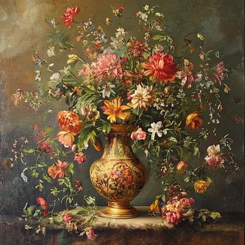 De kortstondige oogst: Een overvloed aan zomerbloemen in een sierlijke vergulde urn