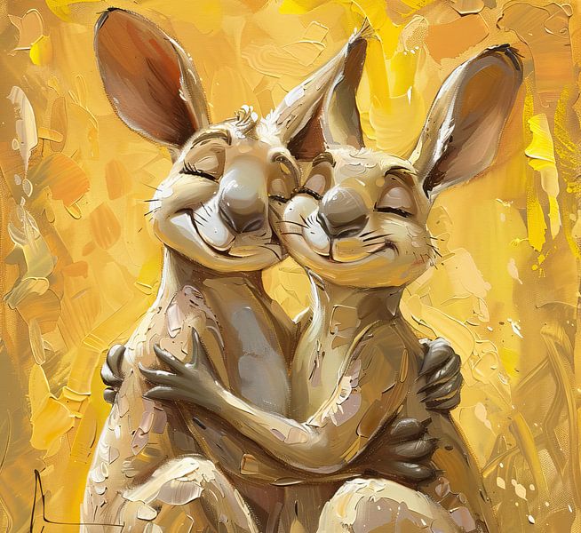 Känguru Gelbe Kunst | Känguru Geflüsterte Zuneigung von Blickfänger Gemälde