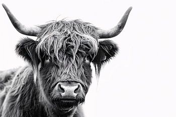 Close-up van een Schotse Hooglander in zwart-wit