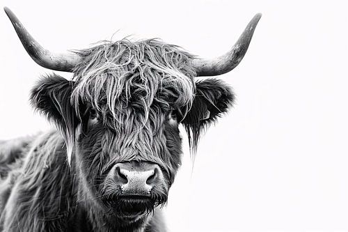 Close-up van een Schotse Hooglander in zwart-wit