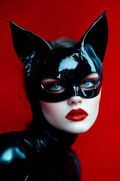 Mysteriöse Frau mit Katzenmaske – Rottöne von Poster Art Shop