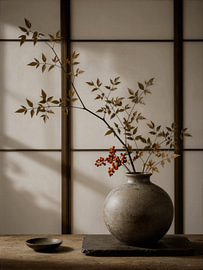 Japandi-Stillleben: Shoji-Paneel mit Zweigen und Beeren