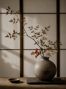 Nature morte « Japandi » : panneau shoji orné de branches et de baies