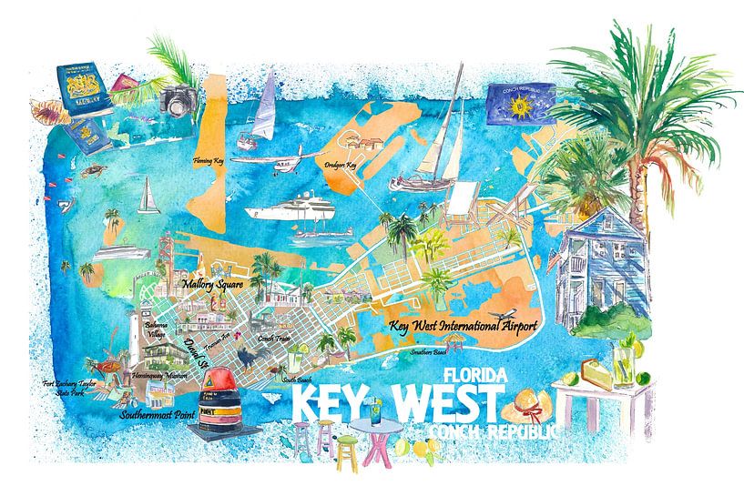 Key West Florida geïllustreerde reiskaart met straten en hoogtepunten van Markus Bleichner