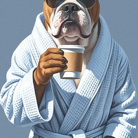 Bulldogge am Morgen mit Coffee-to-go von Renaissance Soul Art