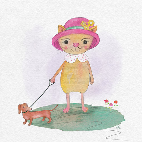 Sonntagsspaziergang mit Dackel - Tierillustration