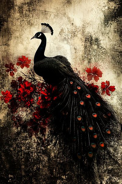 Zwarte pauw met rode accenten van Art & Soul Creations