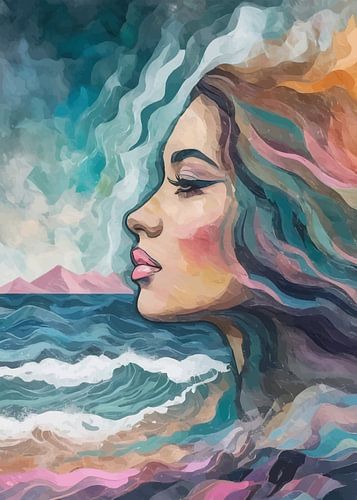 Abstract surrealisme van meisje met oceaan landschap portret