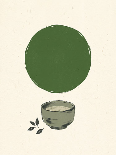 Serene Matcha Ritual Framed By Earthy Green Circle And Leaves