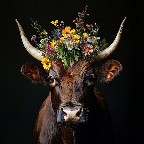 Braunes Rind mit prachtvollem Blumenkranz vor schwarzem Hintergr