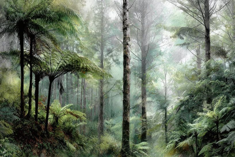Atmospheric green forest landscape in New Zealand with large tree ferns by BowiScapes abstract and digital art