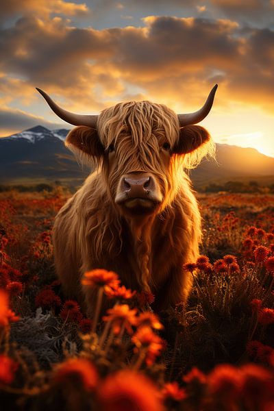 Scottish Highlander golden hour by Digitale Schilderijen